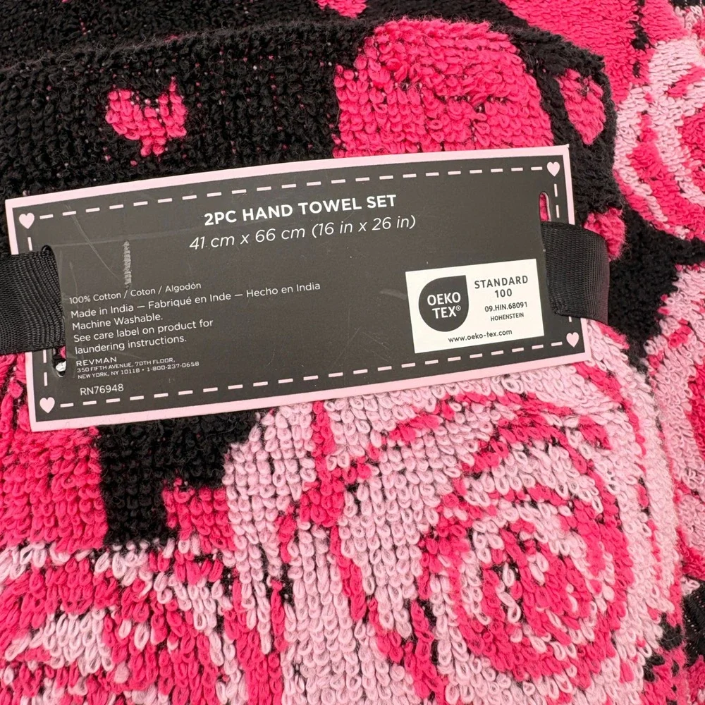 Betsey Johnson 4pc Towel Set Pink Roses Hearts Black Cotton Bath & Hand Towels
